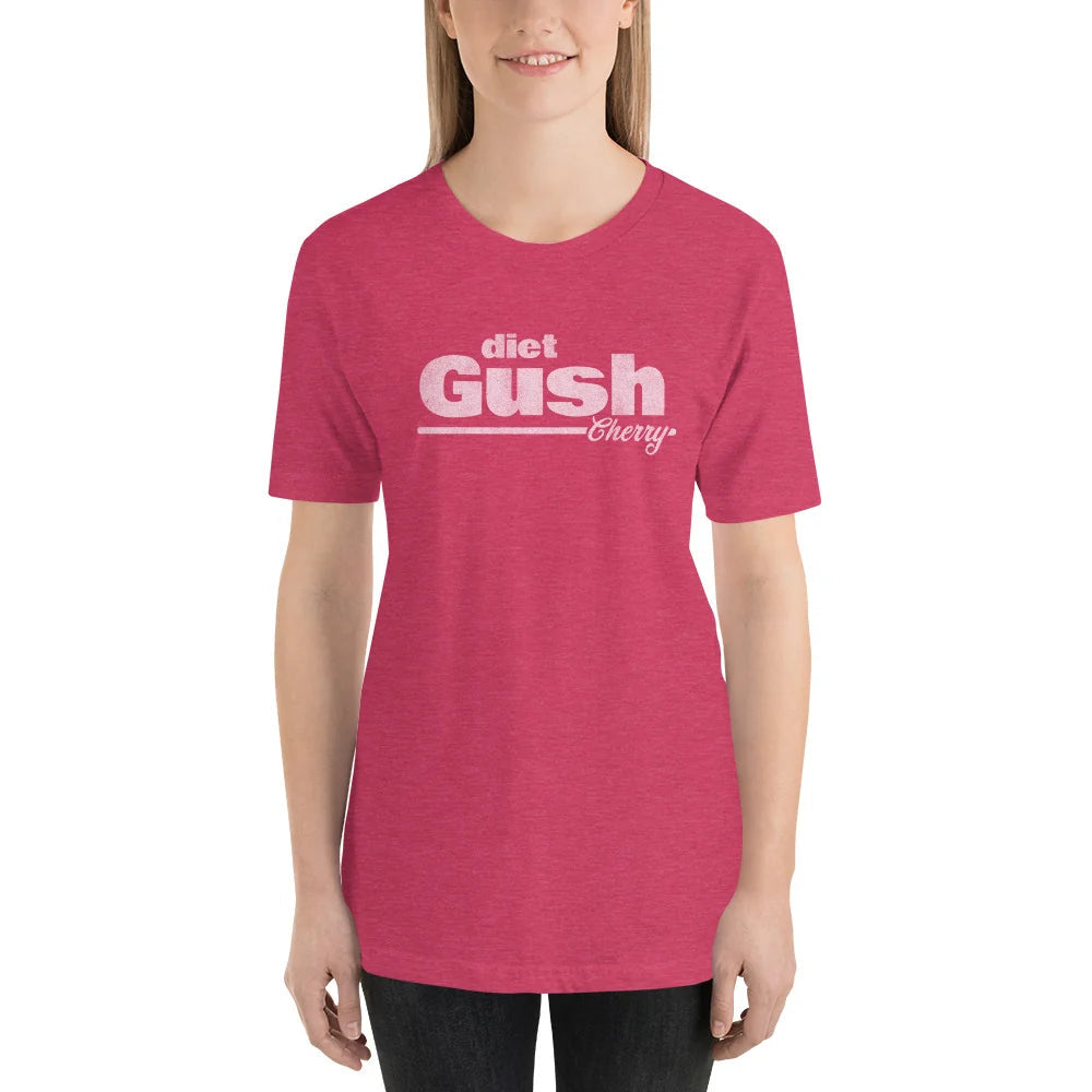Close-up of a woman wearing the heather pink diet Gush Cherry tee