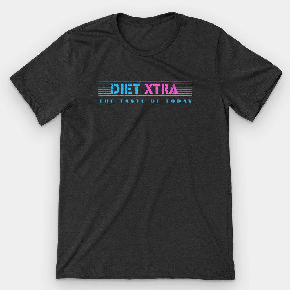 Black heather t-shirt with the neon blue and pink Diet Xtra retro soda logo