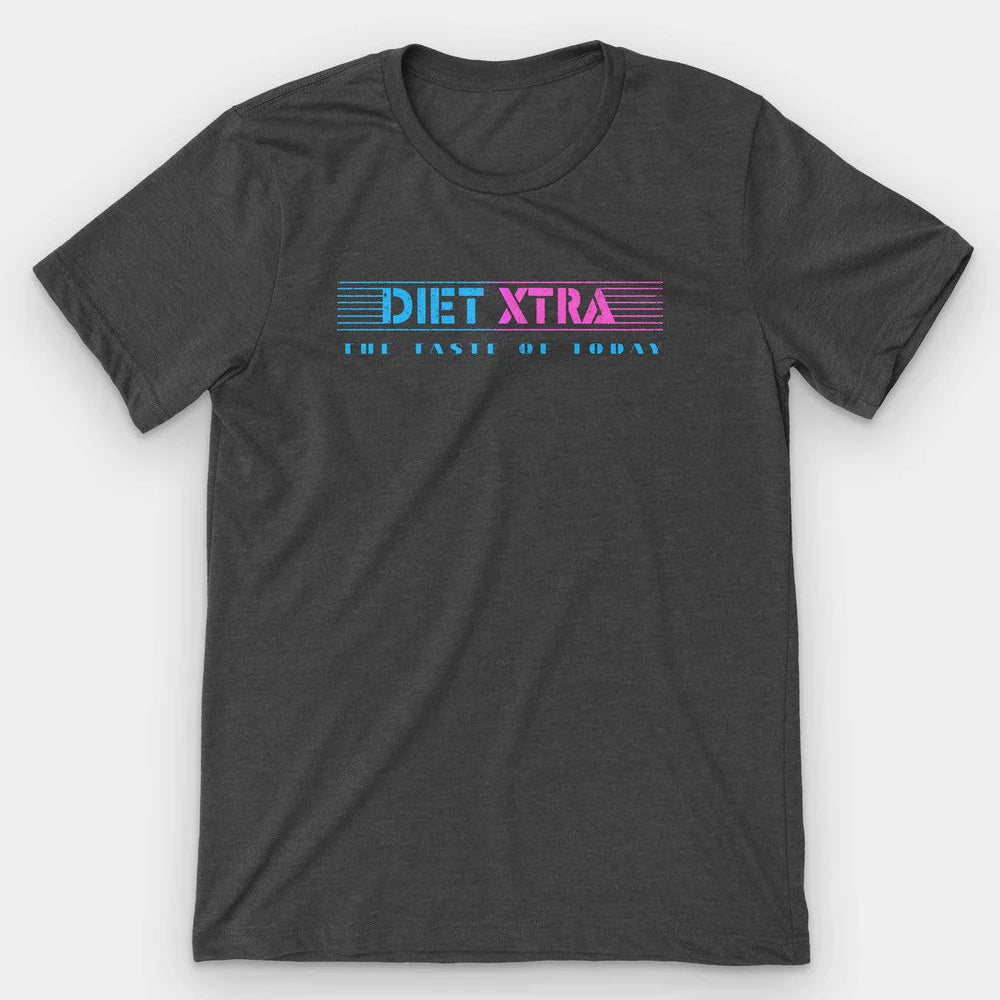 Dark gray heather t-shirt with the neon Diet Xtra soda logo in blue and pink
