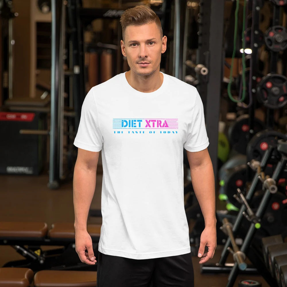 Man wearing the white Diet Xtra neon logo tee in a weight room