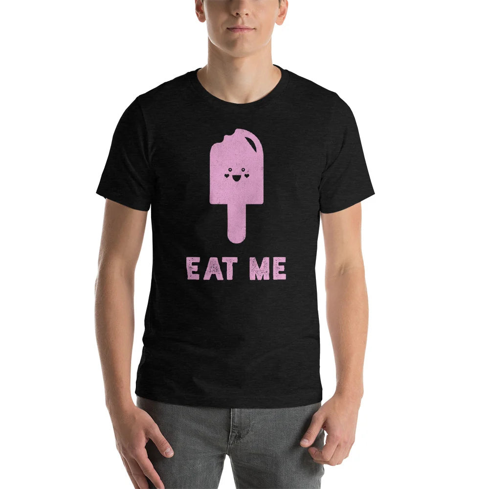 Close-up of the black heather Eat Me popsicle tee worn with gray jeans