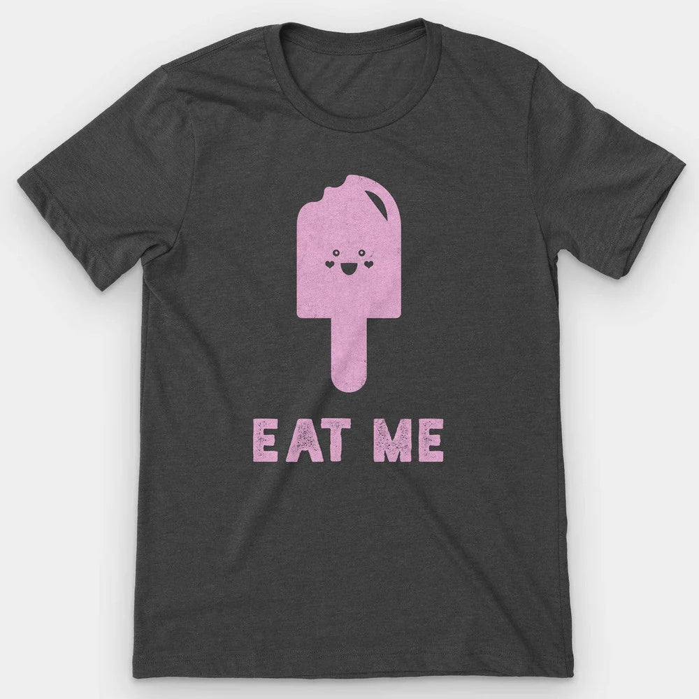 Dark gray heather t-shirt with a pink grinning popsicle above 'Eat Me'