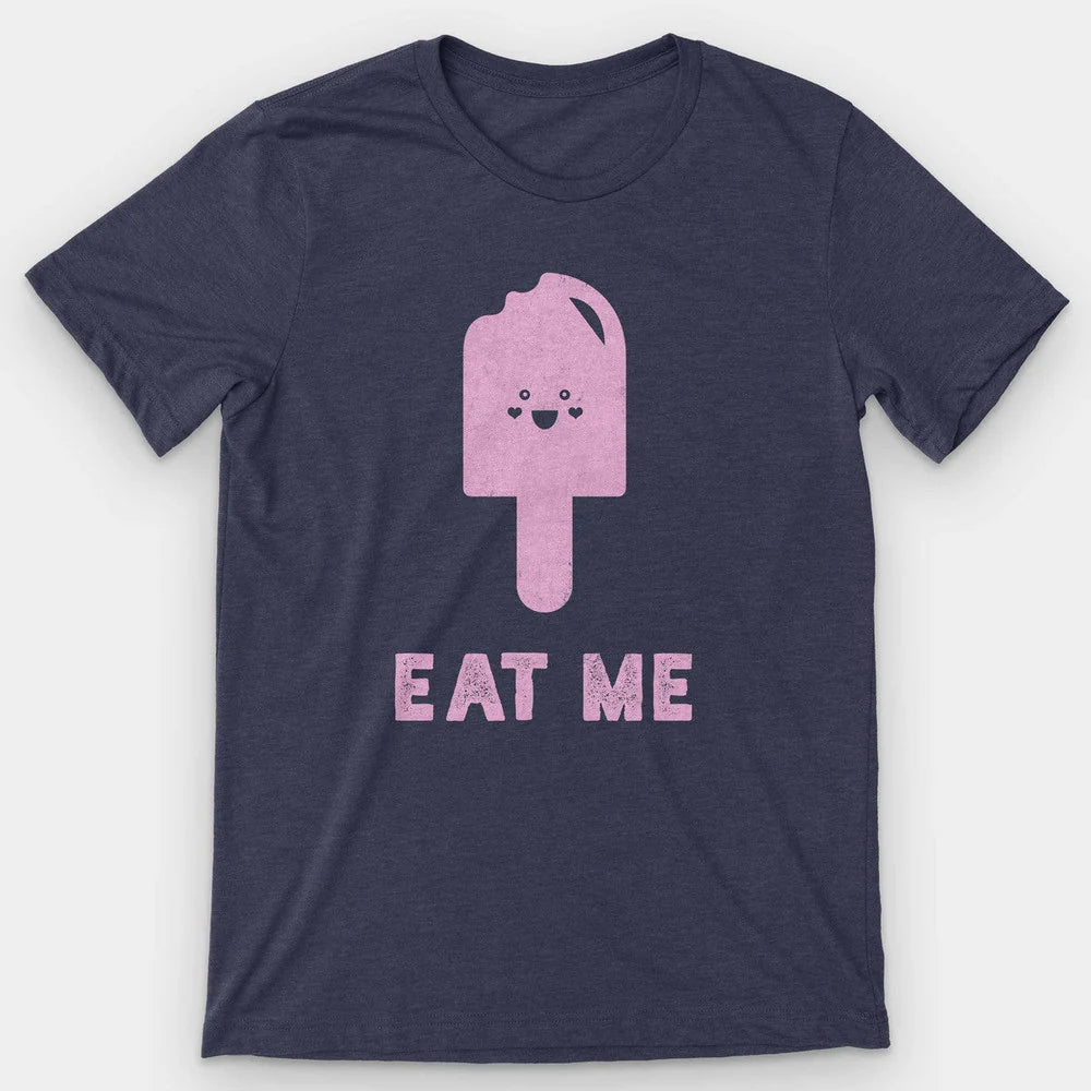 Heather navy t-shirt with a pink smiling popsicle and 'Eat Me' below it