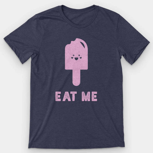 Heather navy t-shirt with a pink smiling popsicle and 'Eat Me' below it
