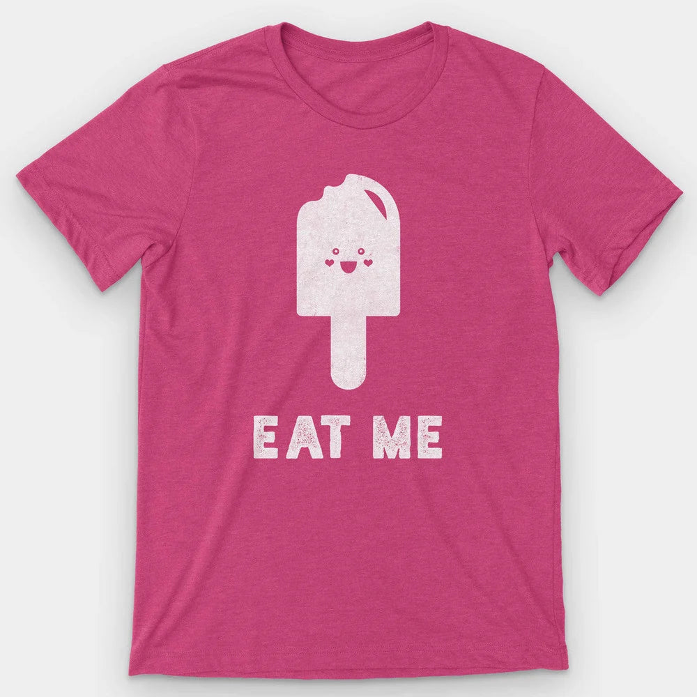 Heather pink t-shirt with a white smiling popsicle and 'Eat Me' lettering