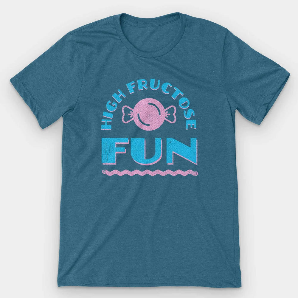 Heather teal t-shirt with a pink candy graphic and blue HIGH FRUCTOSE FUN type