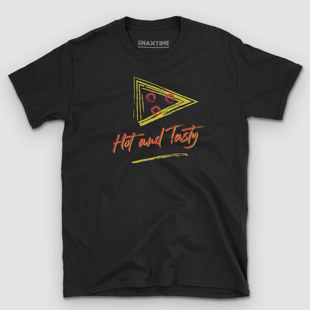 Black t-shirt with a yellow brushstroke pizza slice and red 'Hot and Tasty' script