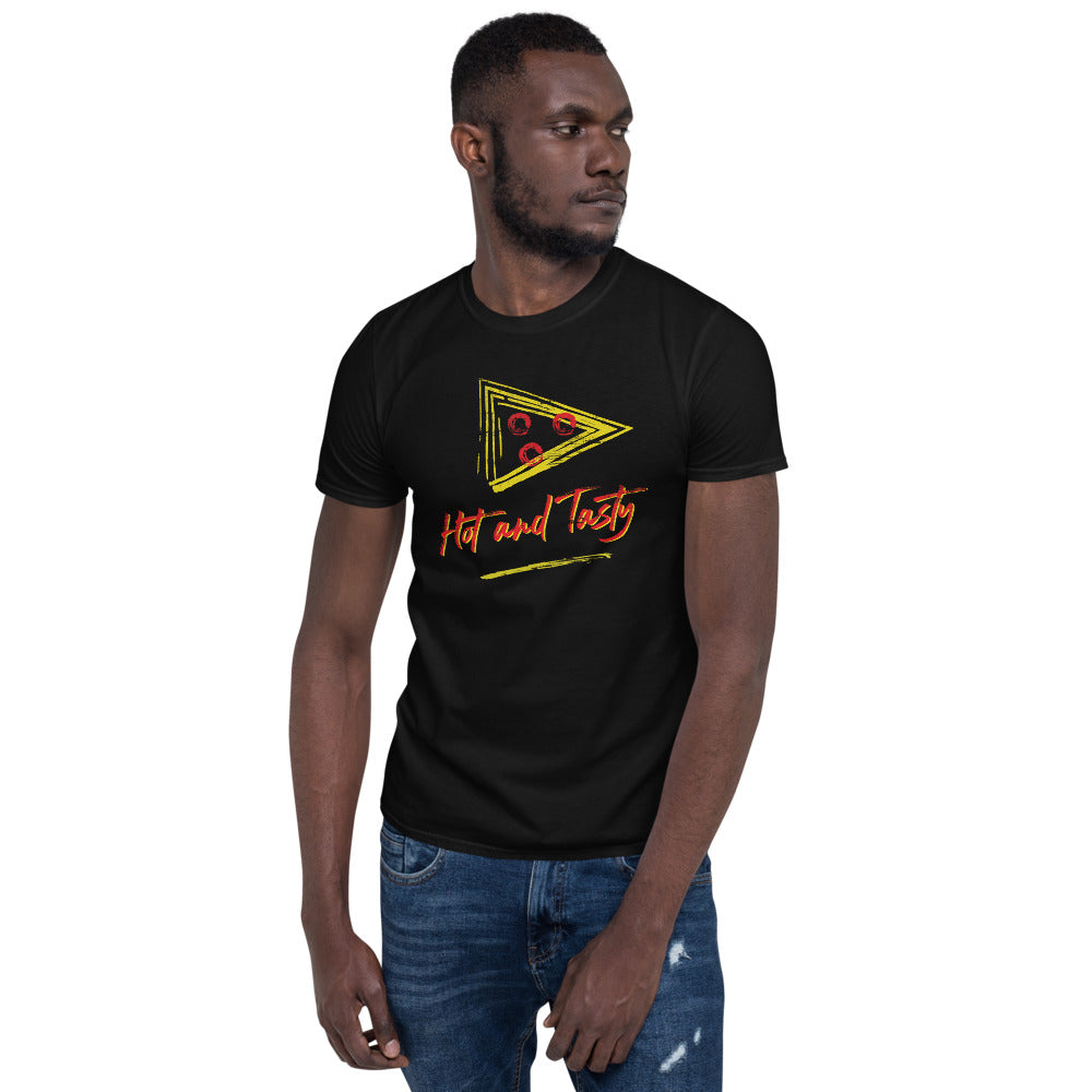 Man wearing a black t-shirt with a yellow pizza slice and red 'Hot and Tasty' lettering