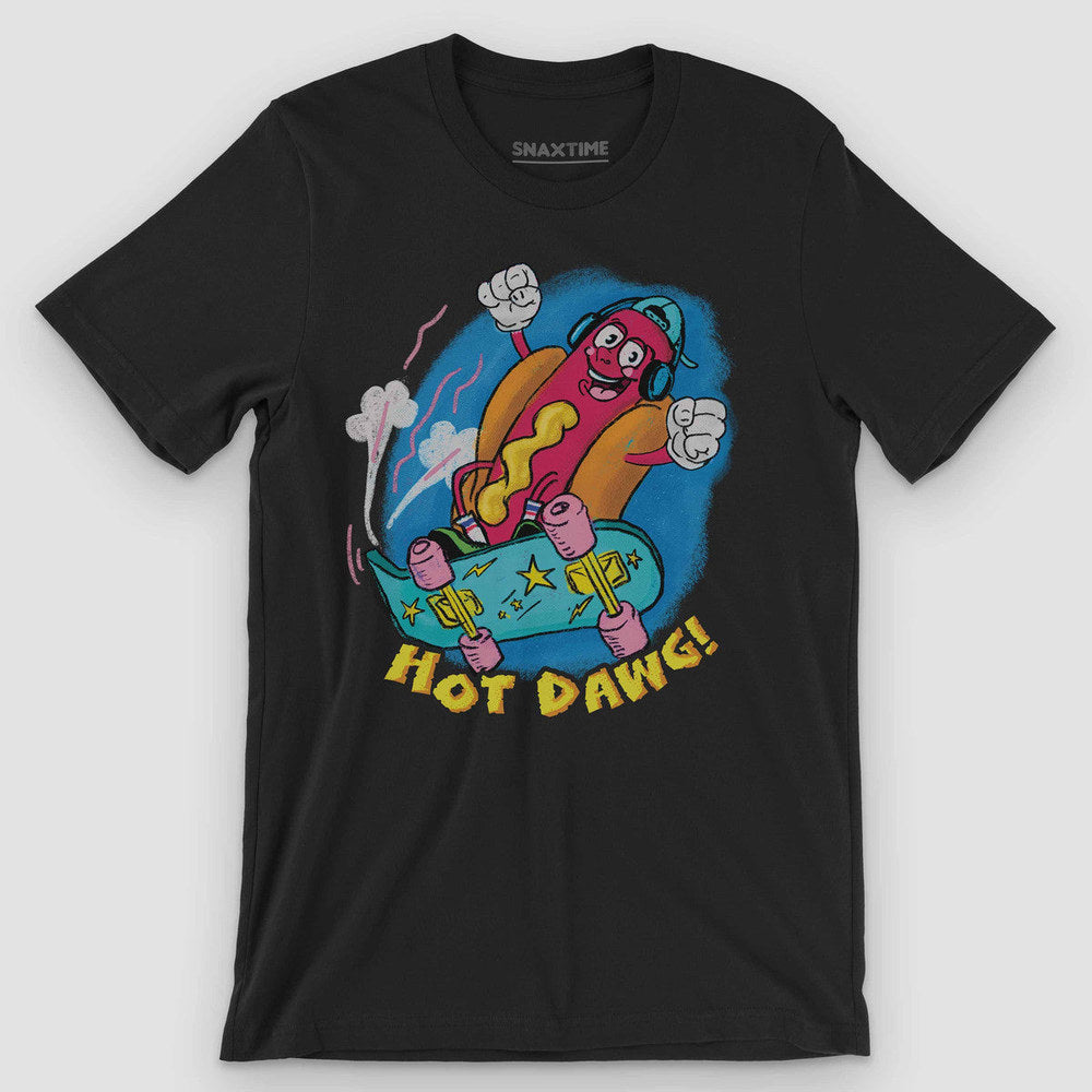 Black t-shirt with a cartoon hot dog in a backwards cap grabbing a skateboard, "Hot Dawg!"