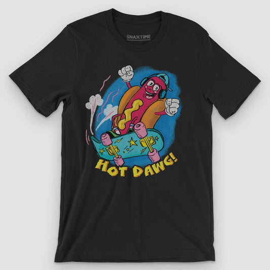 Black t-shirt with a cartoon hot dog in a backwards cap grabbing a skateboard, "Hot Dawg!"