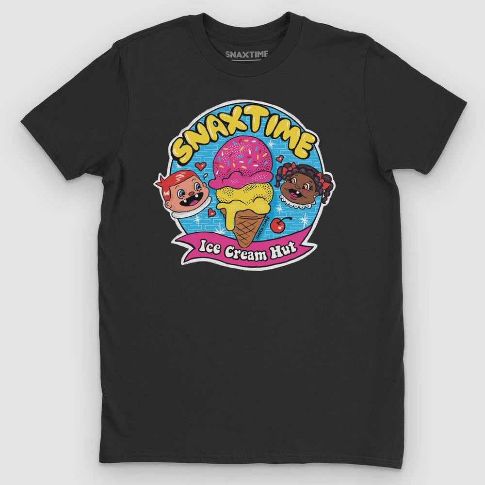 Black t-shirt with a colorful 'Ice Cream Hut' badge, sprinkled cone and cartoon faces