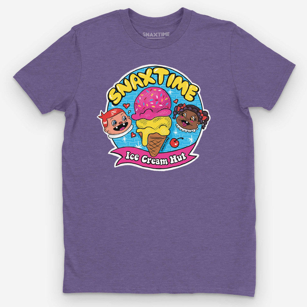 Heather purple t-shirt with an 'Ice Cream Hut' badge, sprinkled cone and cartoon faces
