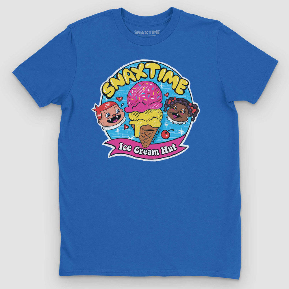 Royal blue t-shirt with a cartoon 'Ice Cream Hut' badge, sprinkled cone and smiling kids