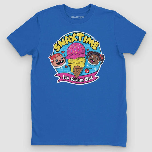Royal blue t-shirt with a cartoon 'Ice Cream Hut' badge, sprinkled cone and smiling kids