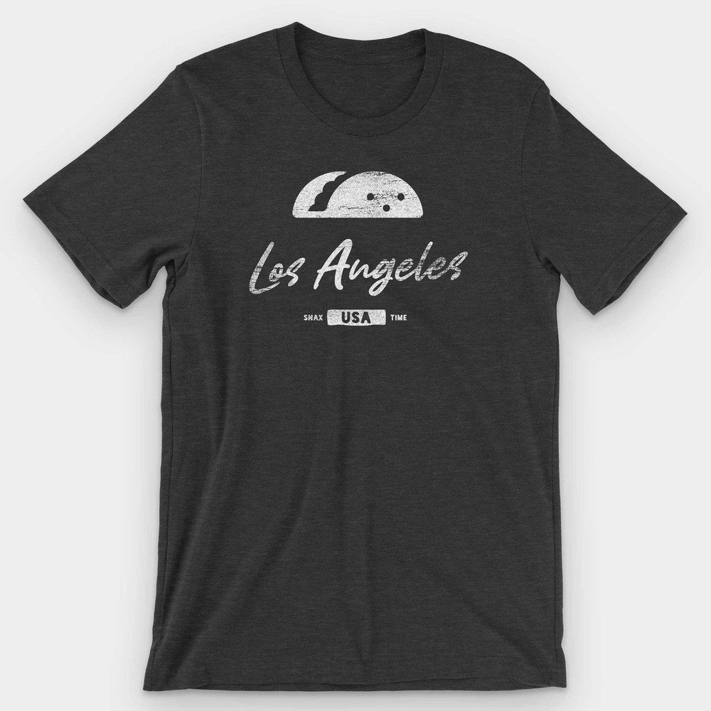 Black heather t-shirt with a distressed white taco and Los Angeles script lettering