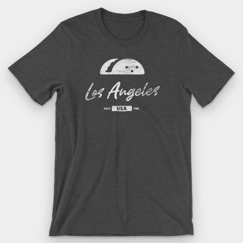 Dark gray heather t-shirt with a white taco icon and Los Angeles script lettering