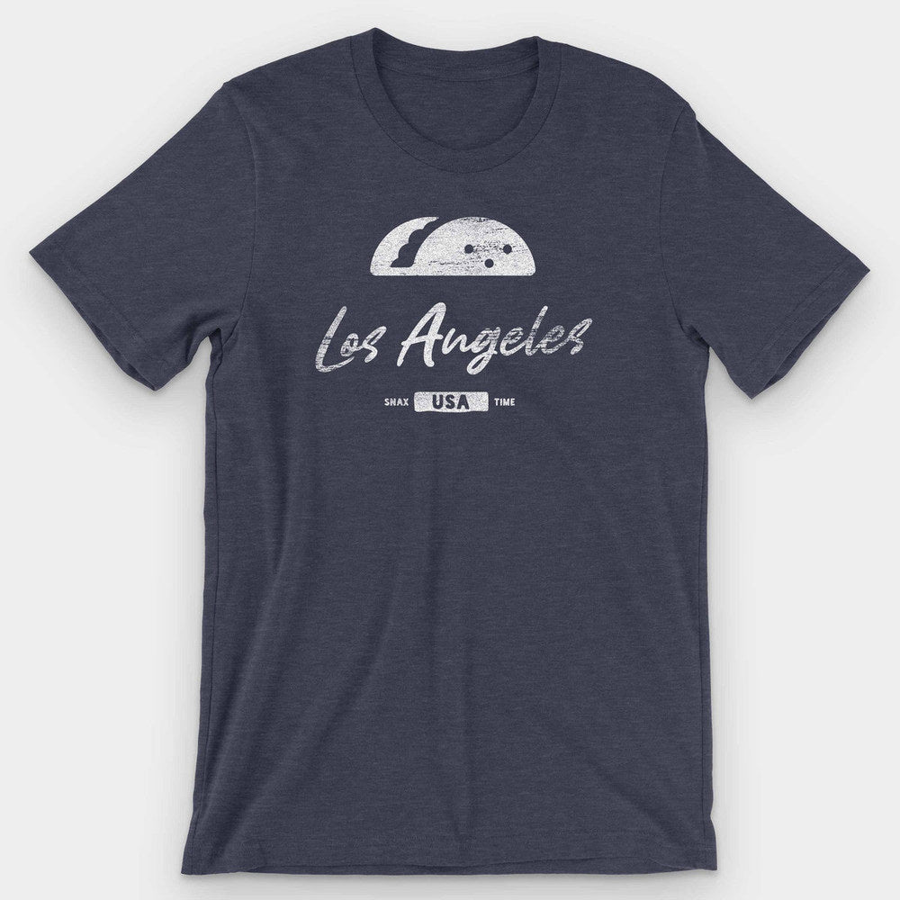 Heather midnight navy t-shirt with a white taco graphic and Los Angeles script