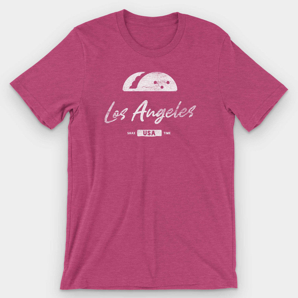 Raspberry pink heather t-shirt with a white taco and Los Angeles script print