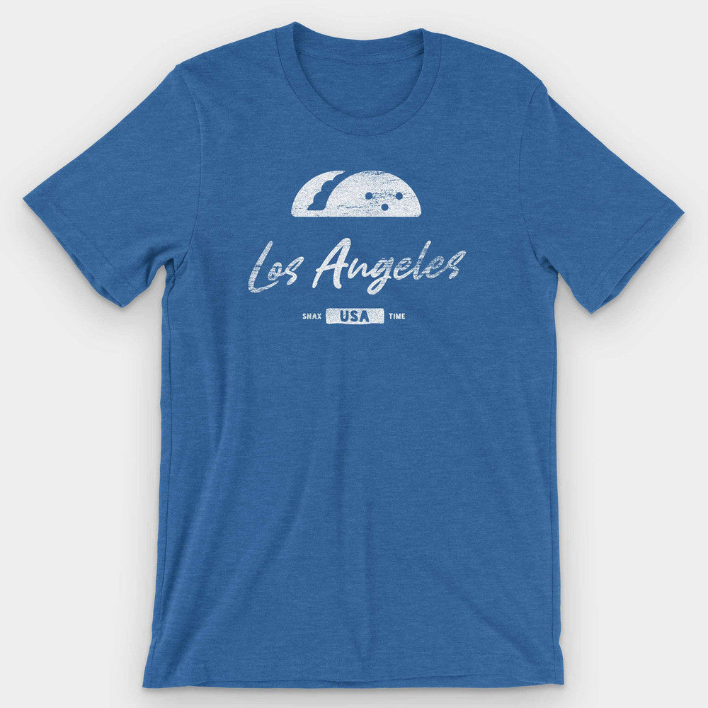 Royal blue heather t-shirt with a white taco icon above Los Angeles in script