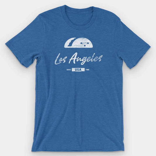 Royal blue heather t-shirt with a white taco icon above Los Angeles in script