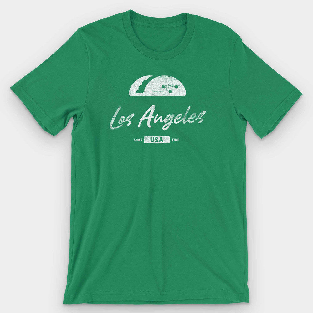 Kelly green t-shirt with a white taco icon above Los Angeles in script