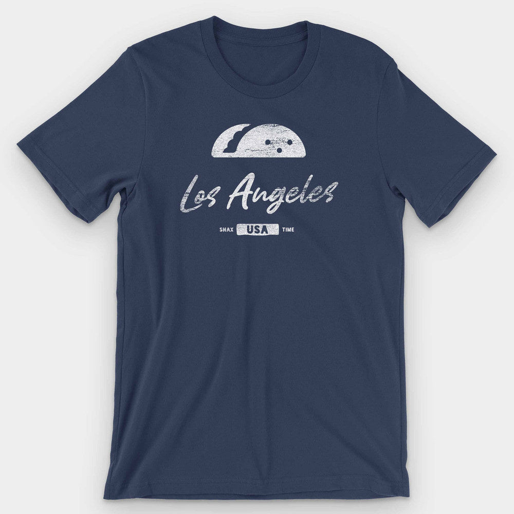 Solid navy t-shirt with a white taco graphic and Los Angeles script lettering