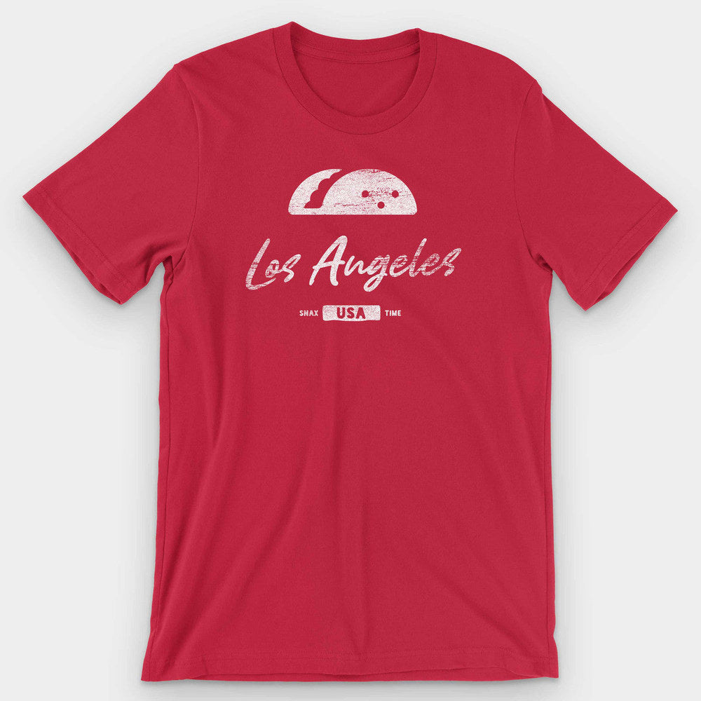 Red t-shirt with a white taco icon, Los Angeles script and a small USA badge