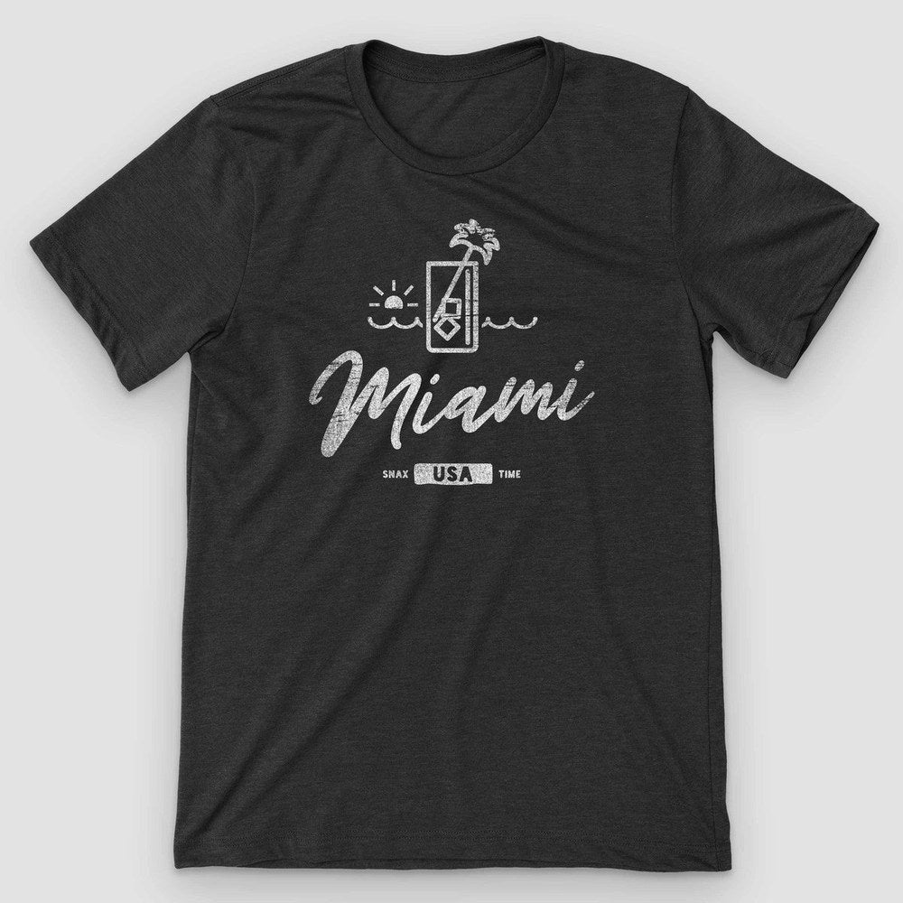 Black heather t-shirt with a white cocktail glass line drawing and Miami script