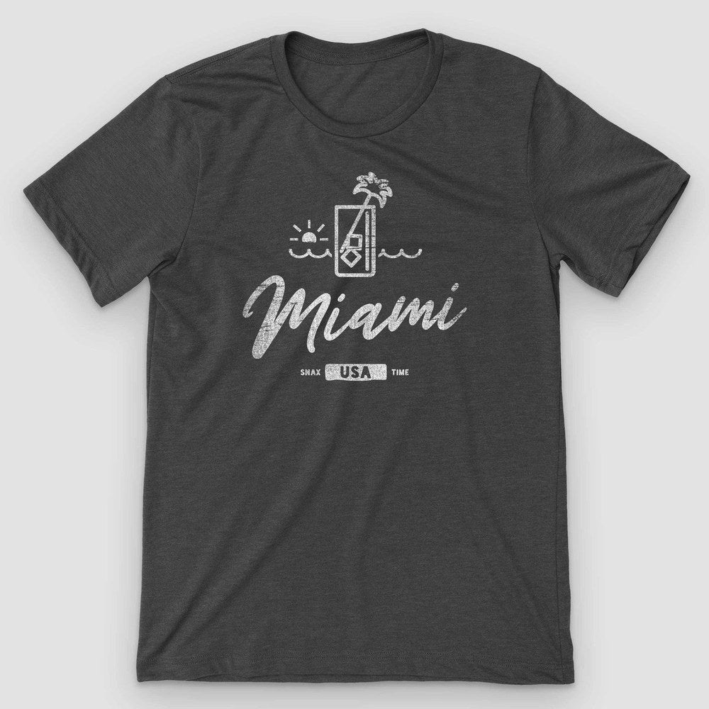 Dark gray heather t-shirt with a white cocktail glass drawing and Miami script