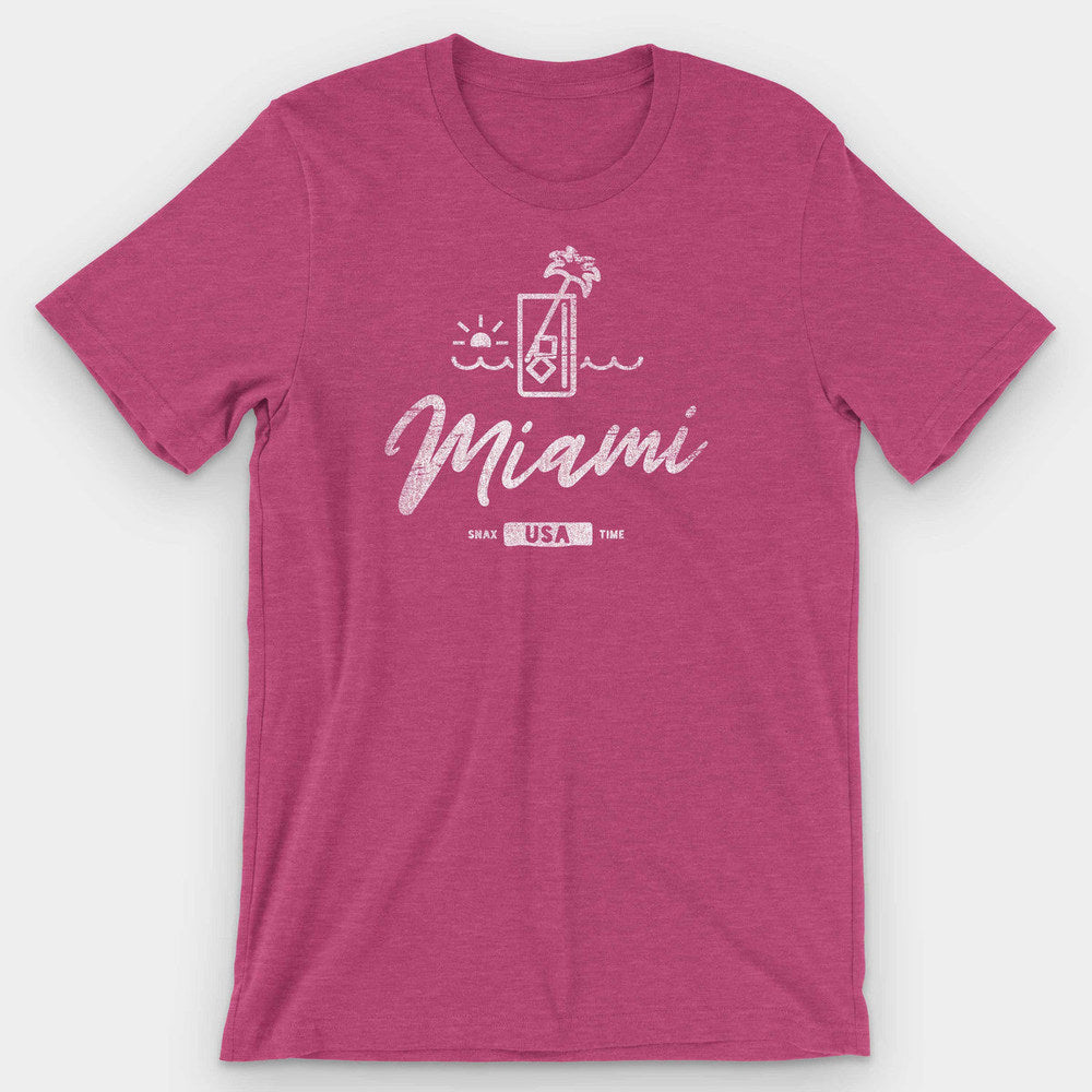 Raspberry pink heather t-shirt with a white cocktail glass and Miami script lettering