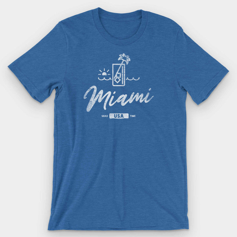 Royal blue heather t-shirt with a white cocktail glass and palm above Miami script