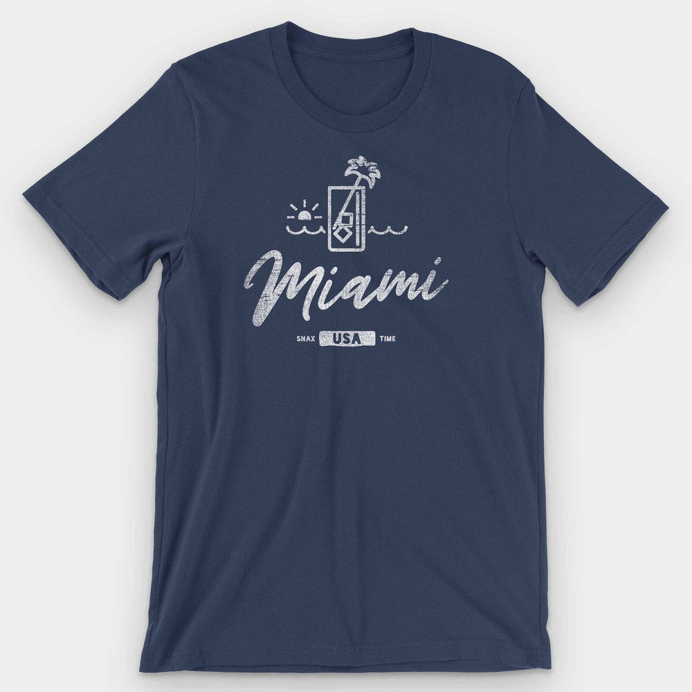 Solid navy t-shirt with a white palm and cocktail glass above Miami script lettering