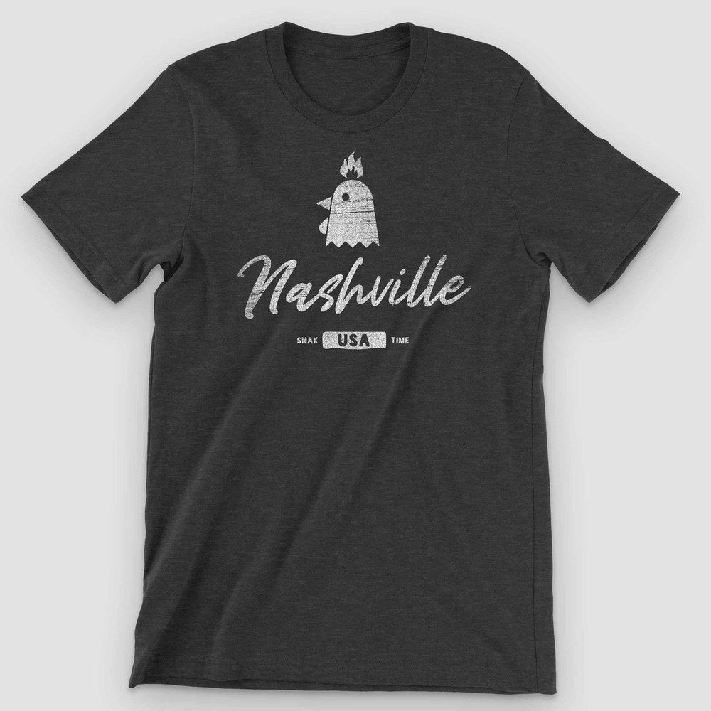 Black heather t-shirt with a flaming white chicken head and Nashville script lettering