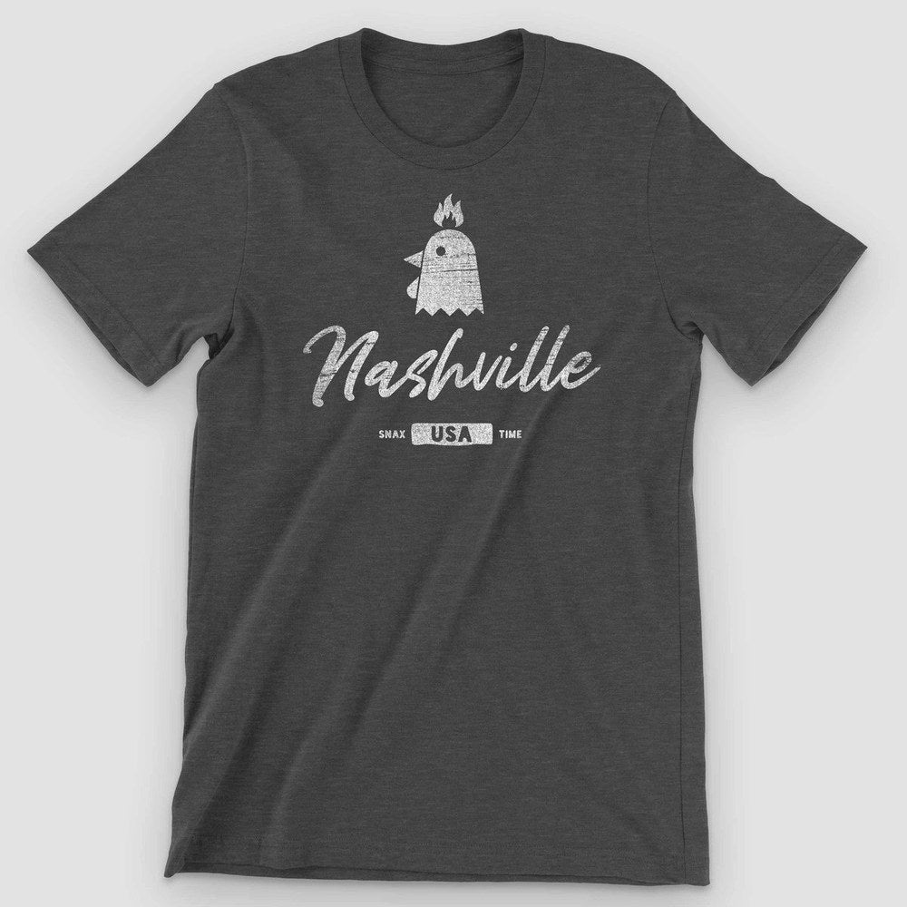 Dark gray heather t-shirt with a white chicken head and flame above Nashville script