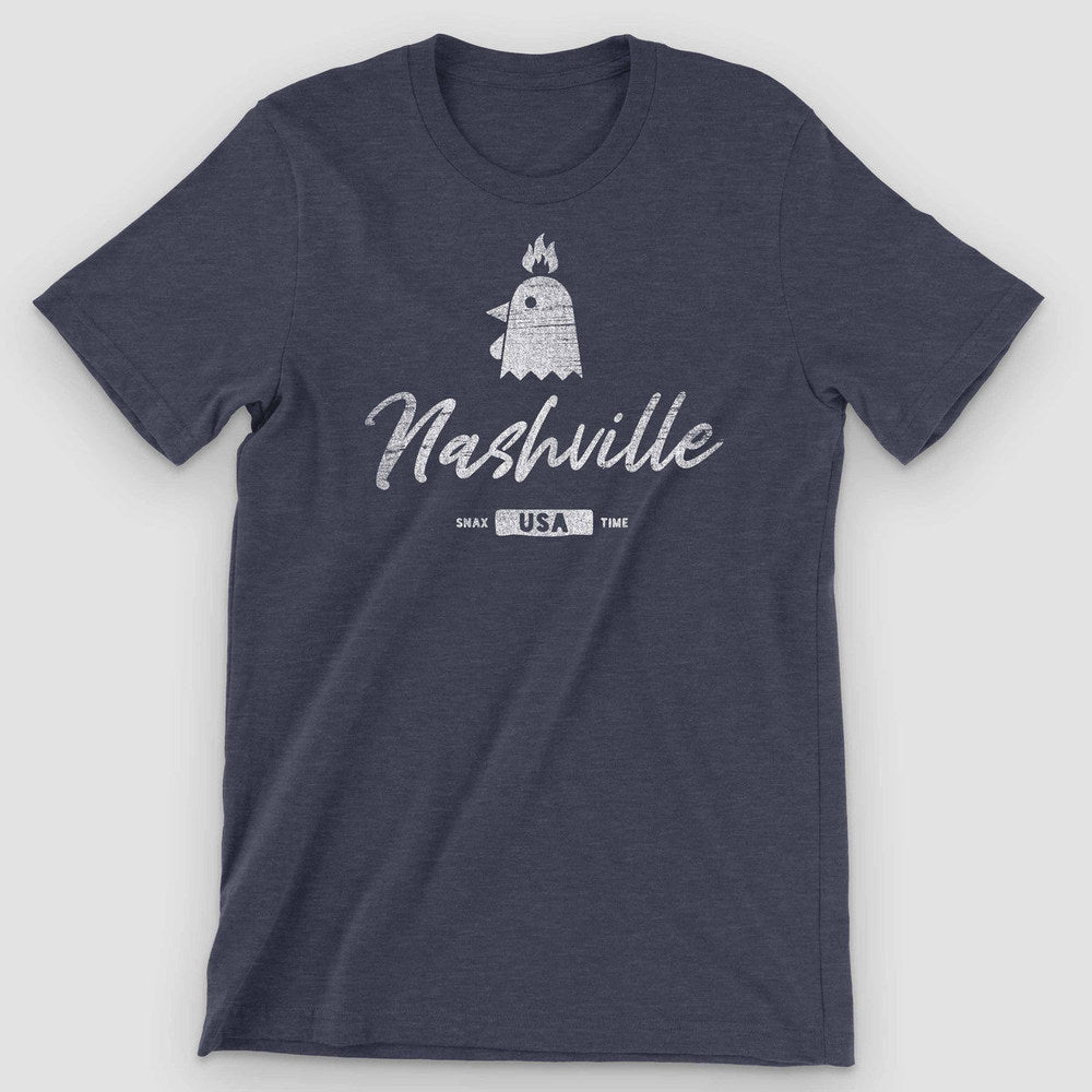 Heather midnight navy t-shirt with a white flaming chicken head above Nashville script