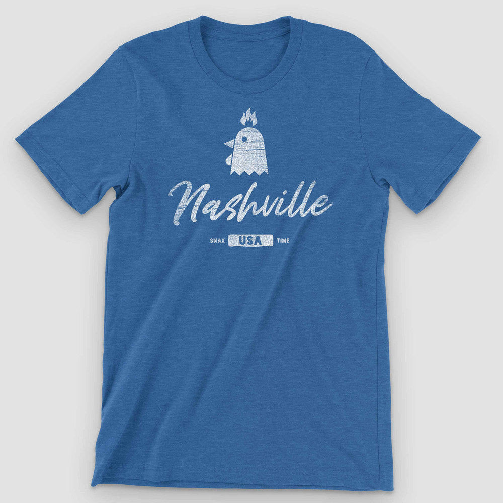 Royal blue heather t-shirt with a white flaming chicken head and Nashville script