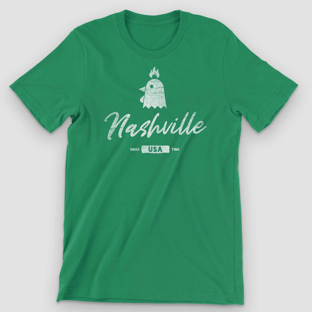 Kelly green t-shirt with a white flaming chicken head above Nashville in script