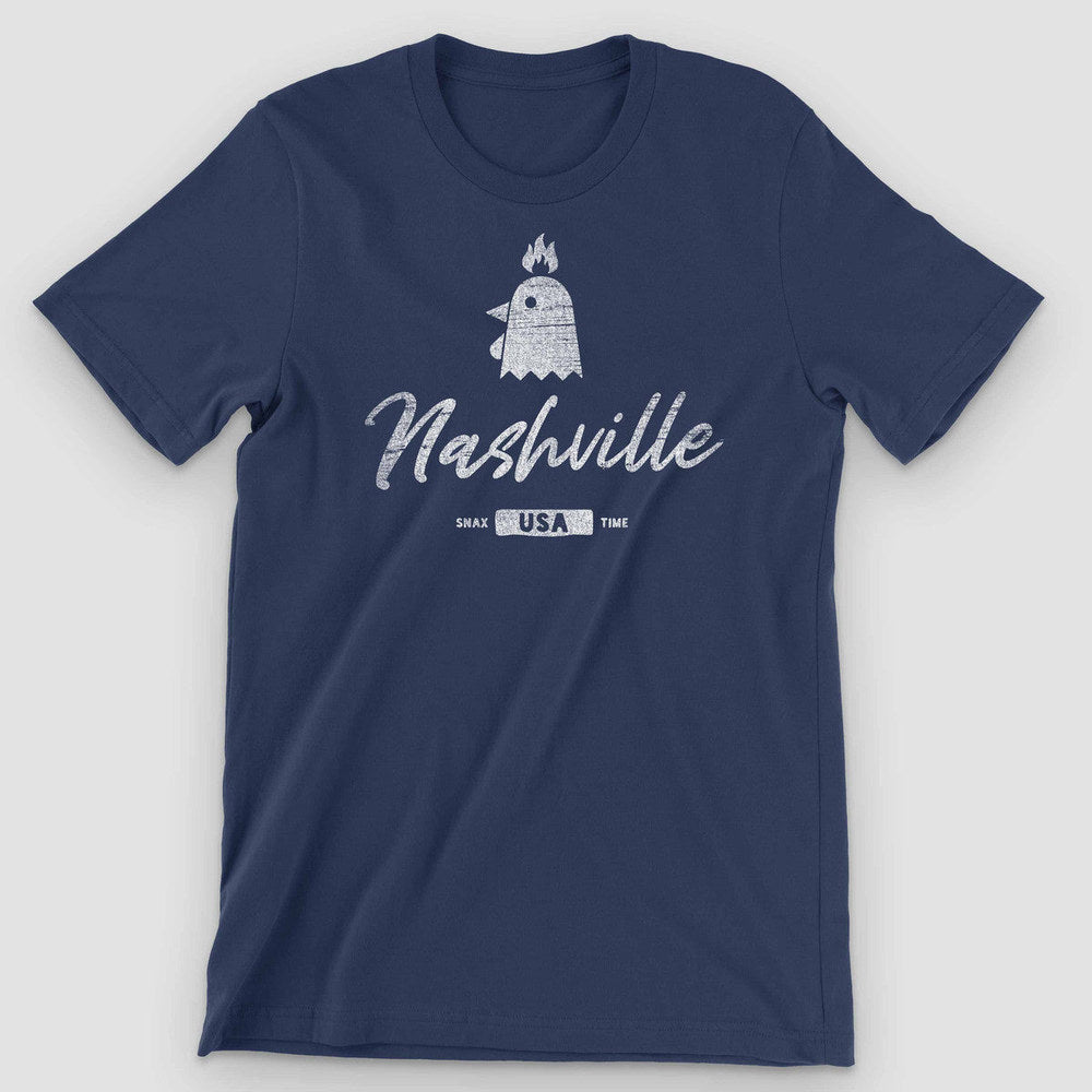 Solid navy t-shirt with a white flaming chicken head and Nashville script lettering