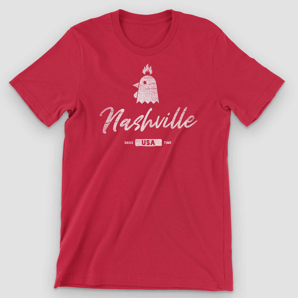 Red t-shirt with a white chicken head topped by a flame above Nashville script