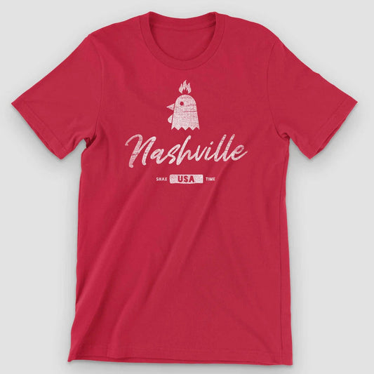 Red t-shirt with a white chicken head topped by a flame above Nashville script