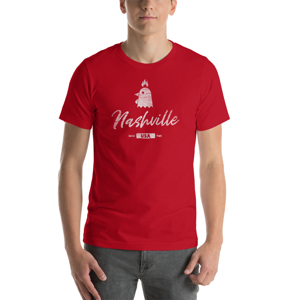 Person wearing a red t-shirt with a white flaming chicken head and Nashville script