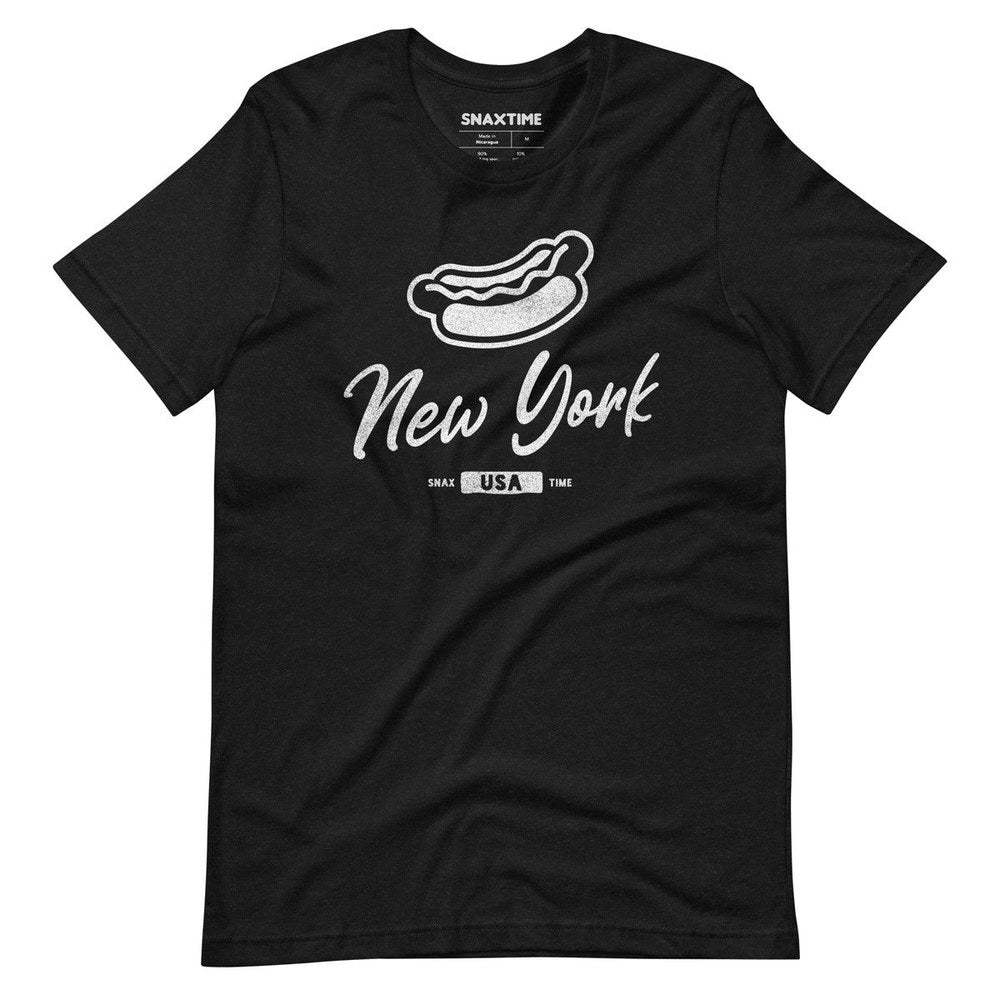 Black heather t-shirt with a white hot dog outline above New York in script