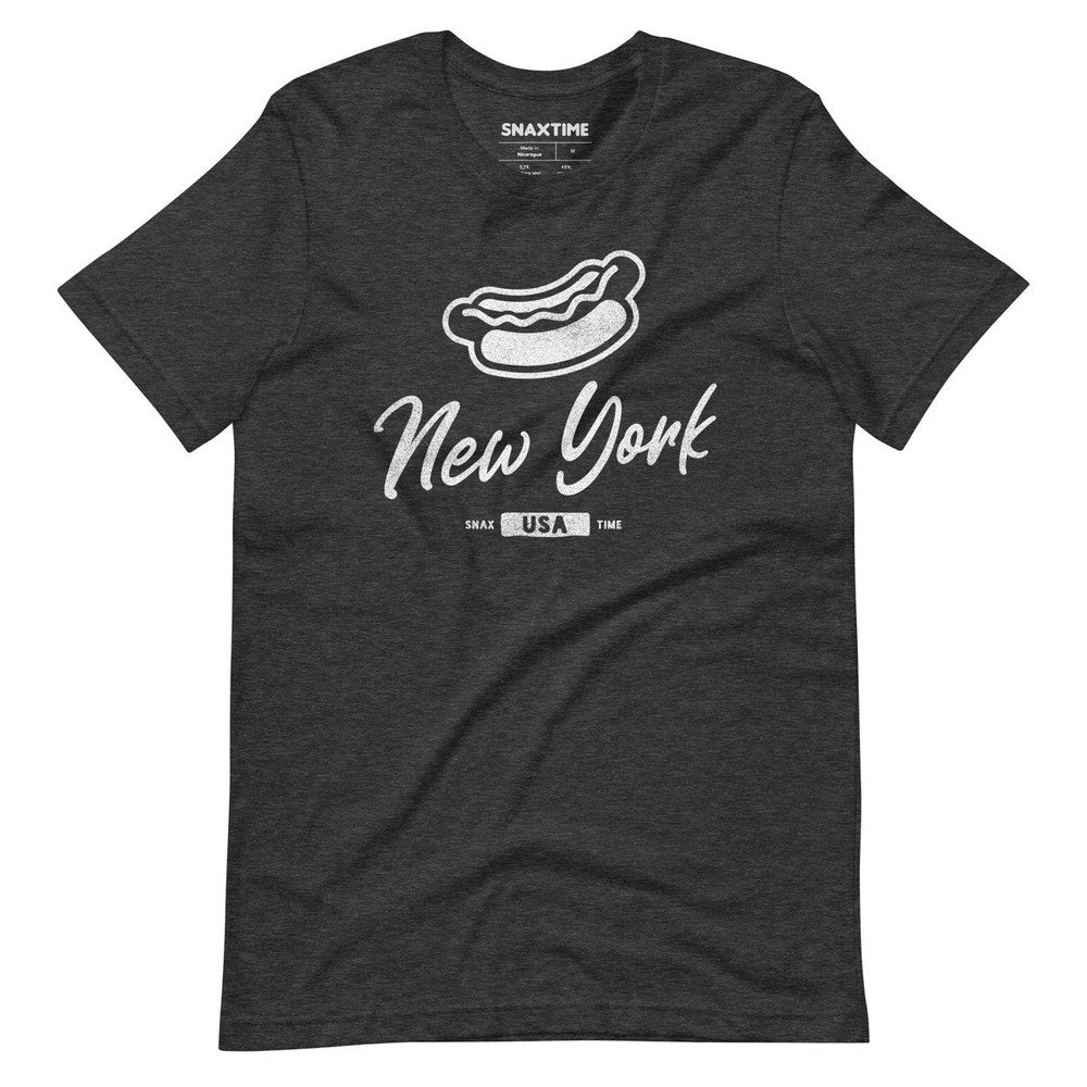 Dark gray heather t-shirt with a white hot dog outline and New York script