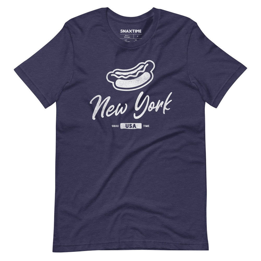 Heather midnight navy t-shirt with a white hot dog and New York script lettering