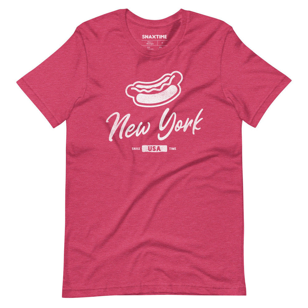 Raspberry pink heather t-shirt with a white hot dog graphic and New York script