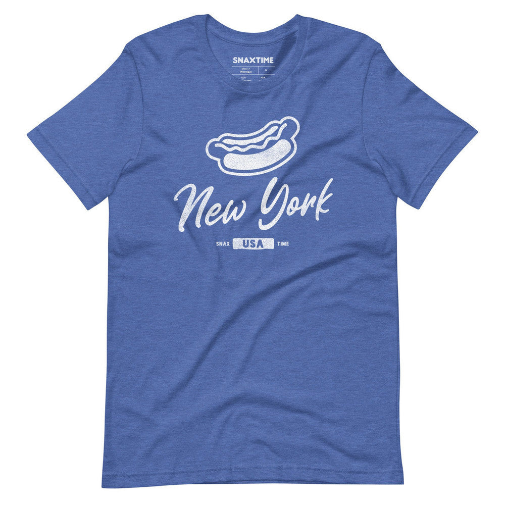 Royal blue heather t-shirt with a white hot dog outline above New York script