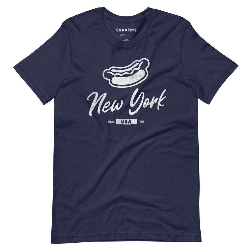 Solid navy t-shirt with a white hot dog graphic and New York script lettering