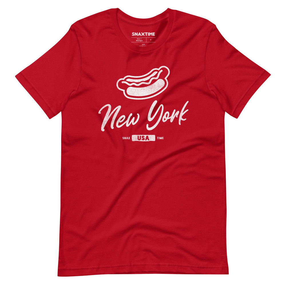 Red t-shirt with a white hot dog outline above New York script and a USA badge