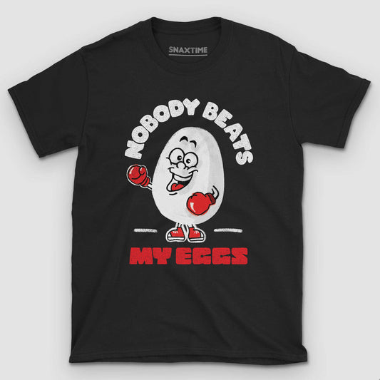 Black t-shirt with a cartoon egg in red boxing gloves and NOBODY BEATS MY EGGS