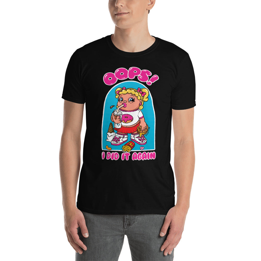 Man wearing the black "Oops! I did it again" cartoon girl t-shirt with gray jeans